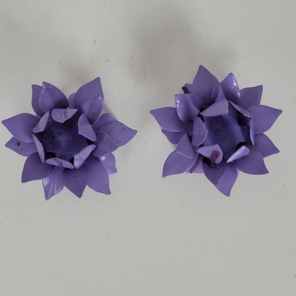 VINTAGE Lotus Flower Metal Purple Handmade Candle Holders Retro Set of 2 - Picture 3 of 13